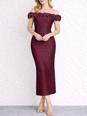 Stunning Maroon Bodycon Evening Dress - Off-Shoulder Flowers